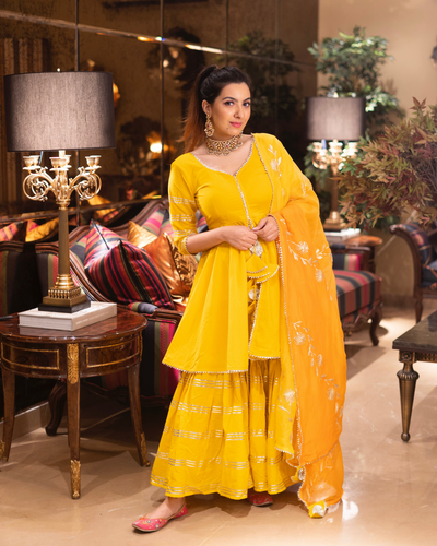 Heavy Embroidered Yellow Sharara Suit- Rent